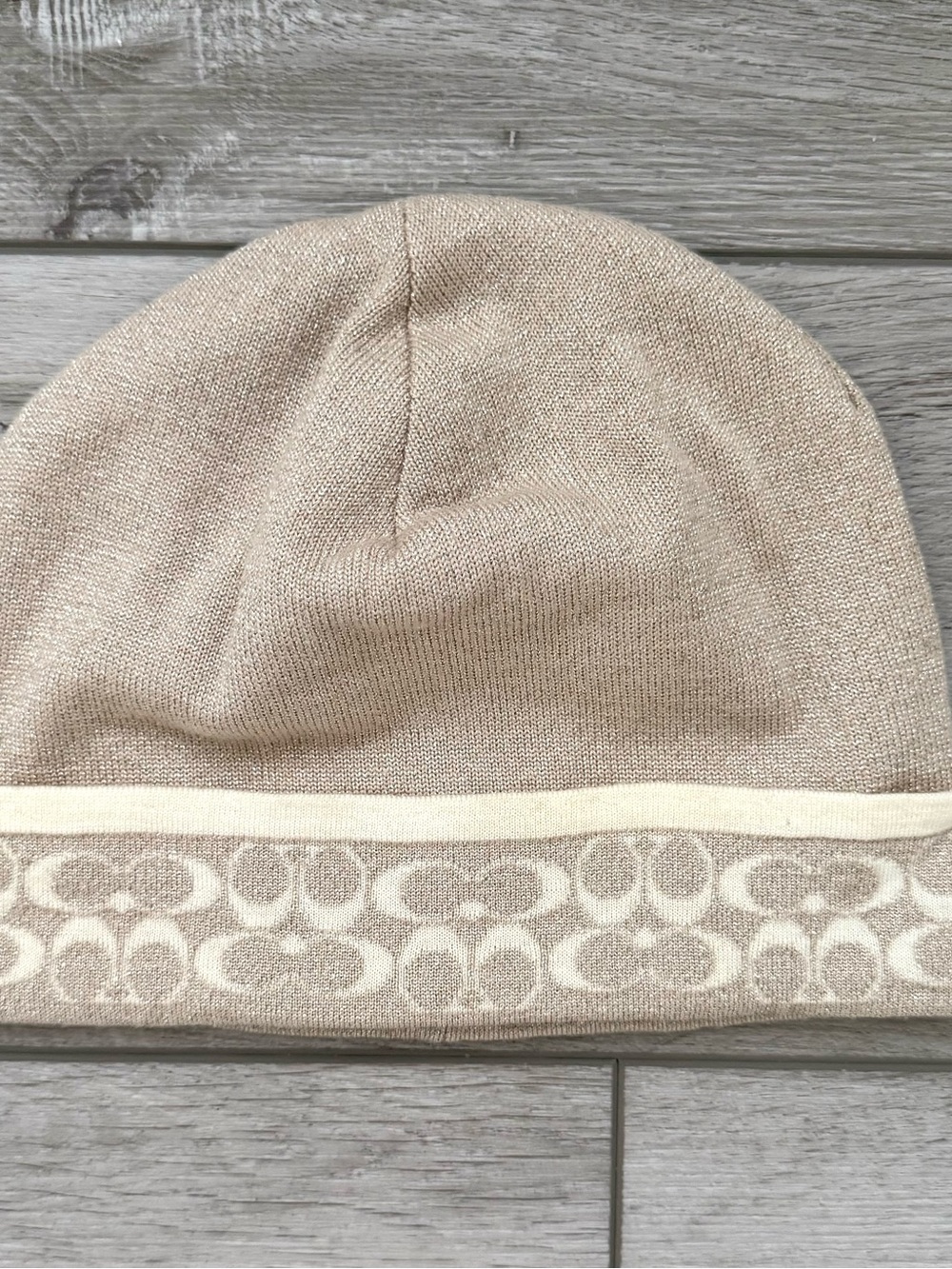Vintage Coach Signature Beanie Hat in Light Beige/Cream with Gold Thread
